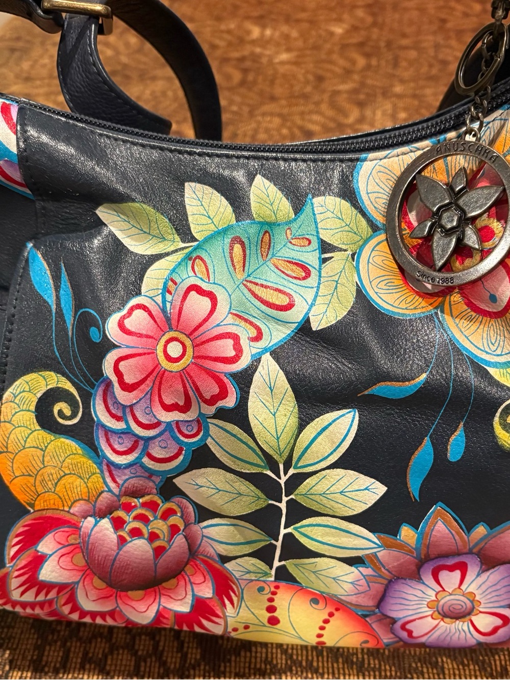 Anuschka Navy Floral Painted Leather Satchel